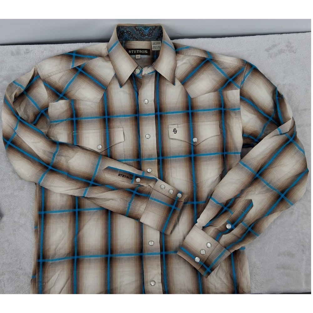 Men's Stetson Pearl Snap Plaid LS Western Shirt Small EUC